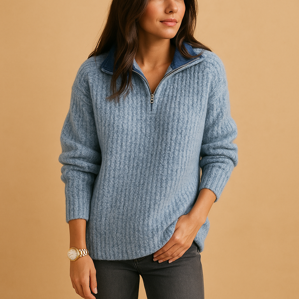 Adelina Brushed Rib Knit Sweater Women's Relaxed Half Zip Pullover Spread Collar Dropped Shoulder