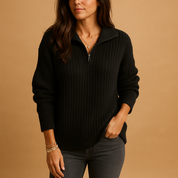 Adelina Brushed Rib Knit Sweater Women's Relaxed Half Zip Pullover Spread Collar Dropped Shoulder