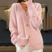 Women's Oversized Cable Knit Cardigan – V-Neck Button-Front Long Sleeve Sweater | Beige Grey Pink Red | XS–3XL