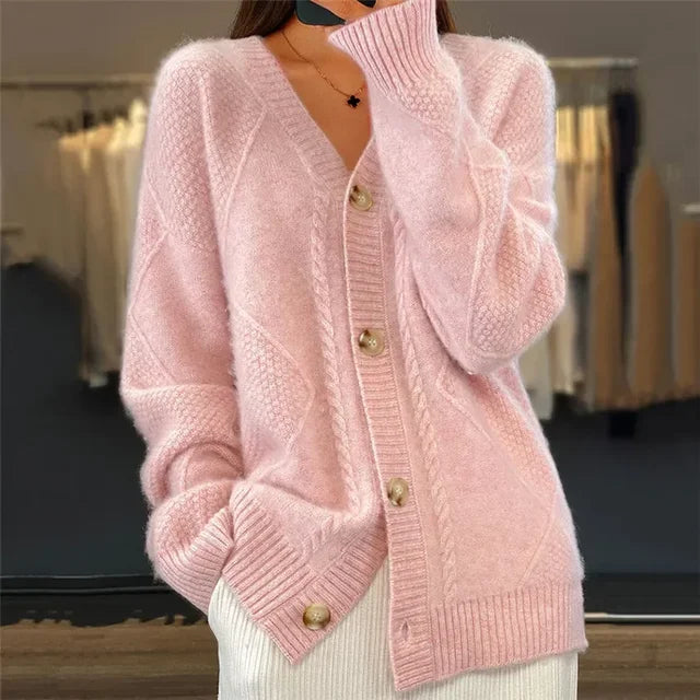 Women's Oversized Cable Knit Cardigan – V-Neck Button-Front Long Sleeve Sweater | Beige Grey Pink Red | XS–3XL