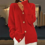 Women's Oversized Cable Knit Cardigan – V-Neck Button-Front Long Sleeve Sweater | Beige Grey Pink Red | XS–3XL
