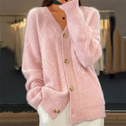 Women's Oversized Cable Knit Cardigan – V-Neck Button-Front Long Sleeve Sweater | Beige Grey Pink Red | XS–3XL