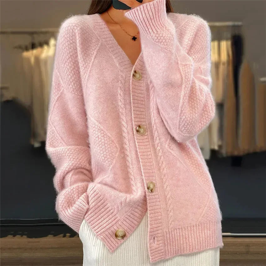 Women's Oversized Cable Knit Cardigan – V-Neck Button-Front Long Sleeve Sweater | Beige Grey Pink Red | XS–3XL