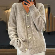 Women's Oversized Cable Knit Cardigan – V-Neck Button-Front Long Sleeve Sweater | Beige Grey Pink Red | XS–3XL