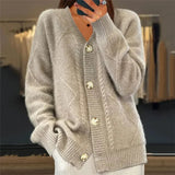 Women's Oversized Cable Knit Cardigan – V-Neck Button-Front Long Sleeve Sweater | Beige Grey Pink Red | XS–3XL