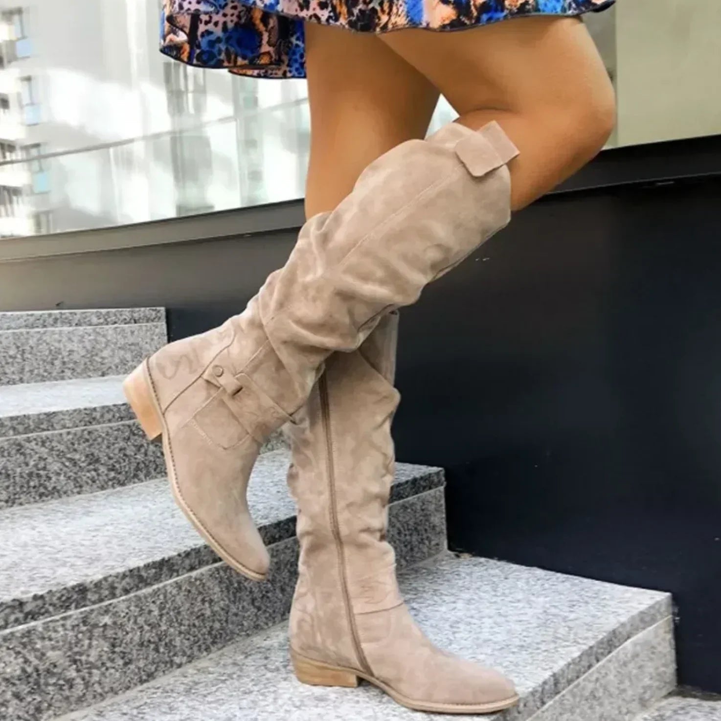 Women's Suede Knee-High Boots – Slouchy Ruched Side-Zip Stacked Heel Footwear | 6 Colours | UK 3–7.5