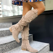 Women's Suede Knee-High Boots – Slouchy Ruched Side-Zip Stacked Heel Footwear | 6 Colours | UK 3–7.5