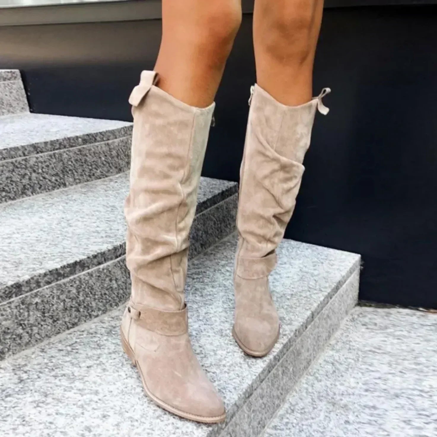 Women's Suede Knee-High Boots – Slouchy Ruched Side-Zip Stacked Heel Footwear | 6 Colours | UK 3–7.5