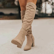 Women's Suede Knee-High Boots – Slouchy Ruched Side-Zip Stacked Heel Footwear | 6 Colours | UK 3–7.5