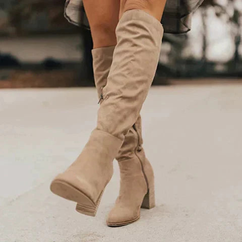 Women's Suede Knee-High Boots – Slouchy Ruched Side-Zip Stacked Heel Footwear | 6 Colours | UK 3–7.5