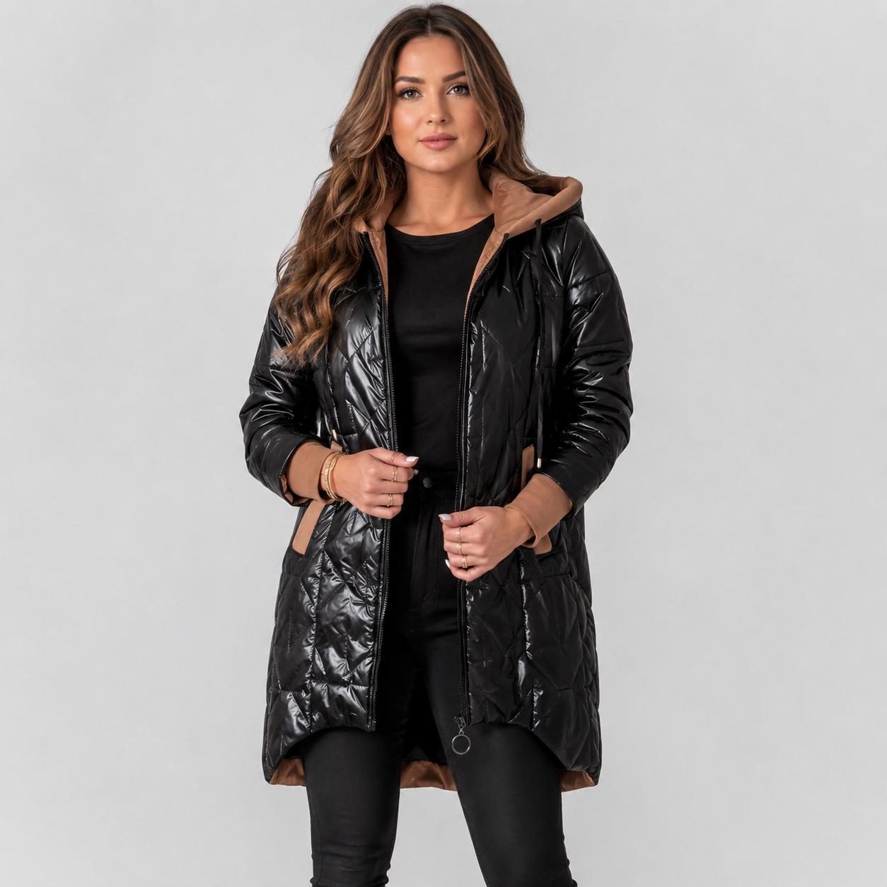 Women's Midi Puffer Coat – Warm Hooded Winter Jacket with Pockets | Brown White Black | S–2XL