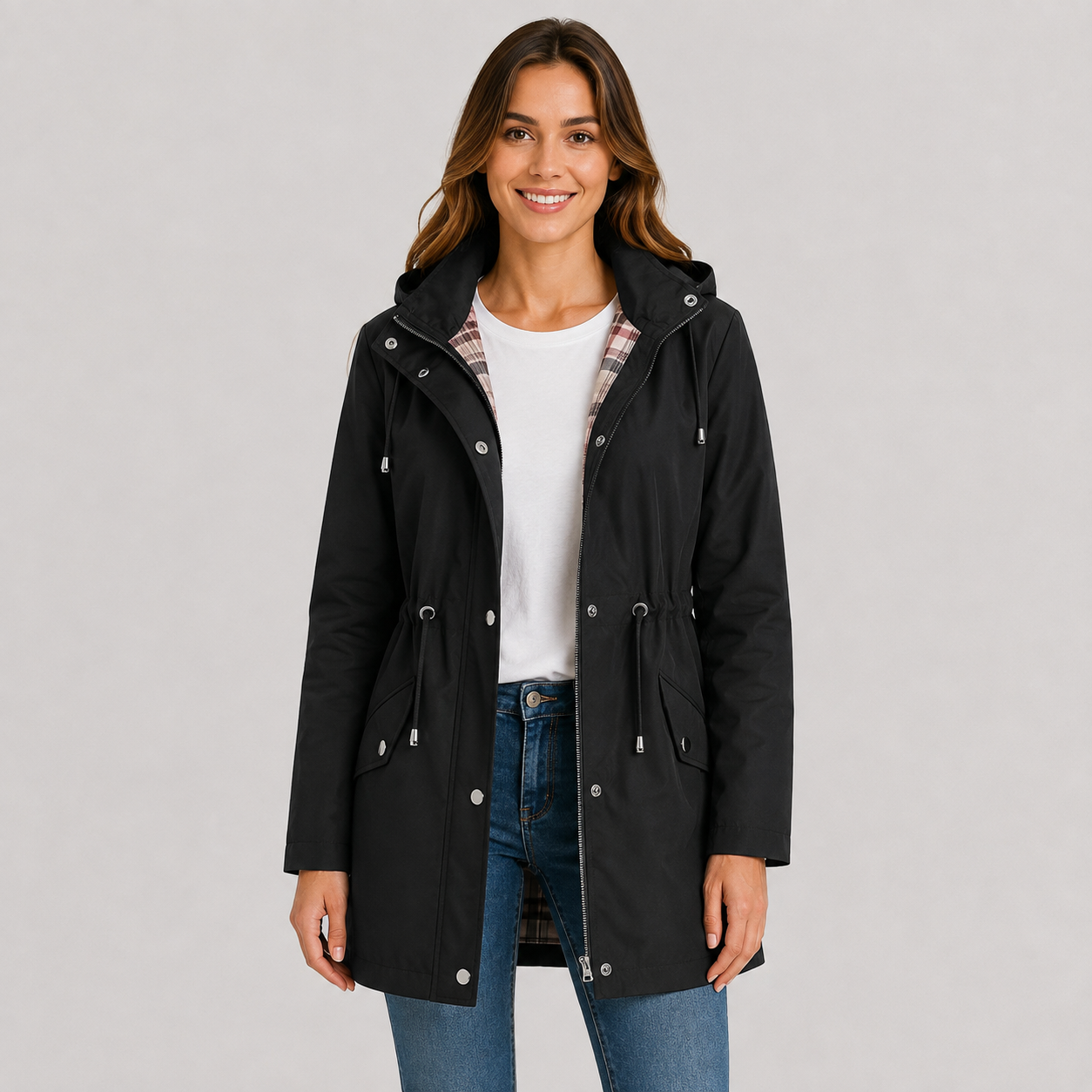 Plus Size Hooded Jacket | Women's Lightweight Cinched Waist Coat | Women's Pink Red Black Dark Grey Blue Navy