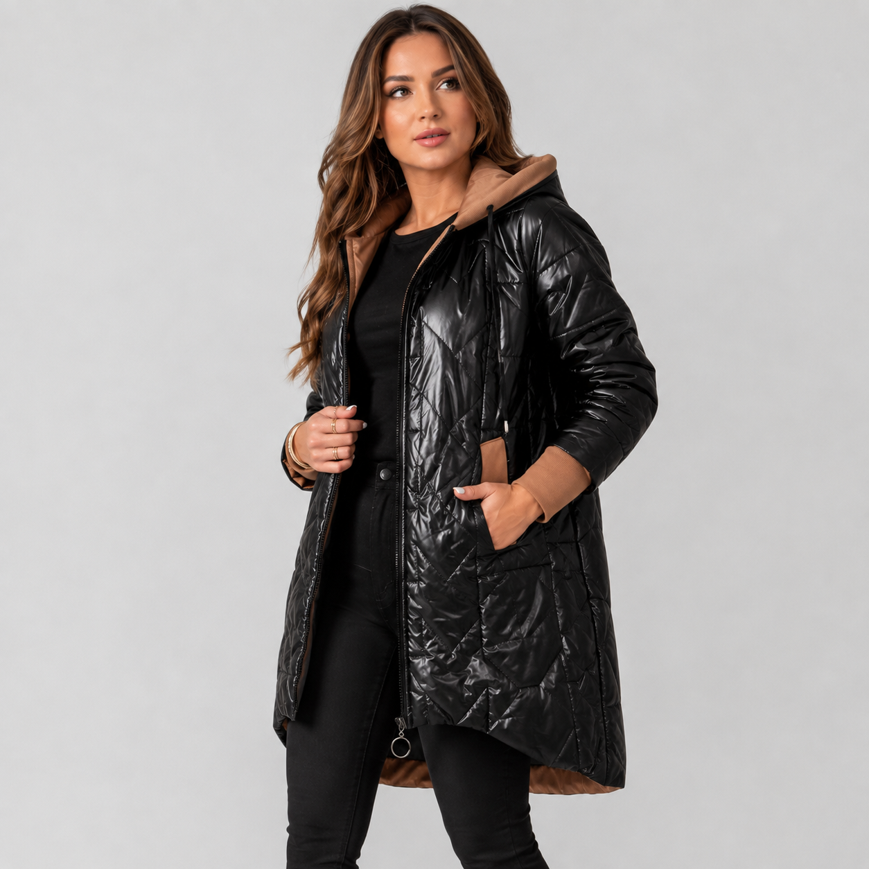 Women's Midi Puffer Coat – Warm Hooded Winter Jacket with Pockets | Brown White Black | S–2XL