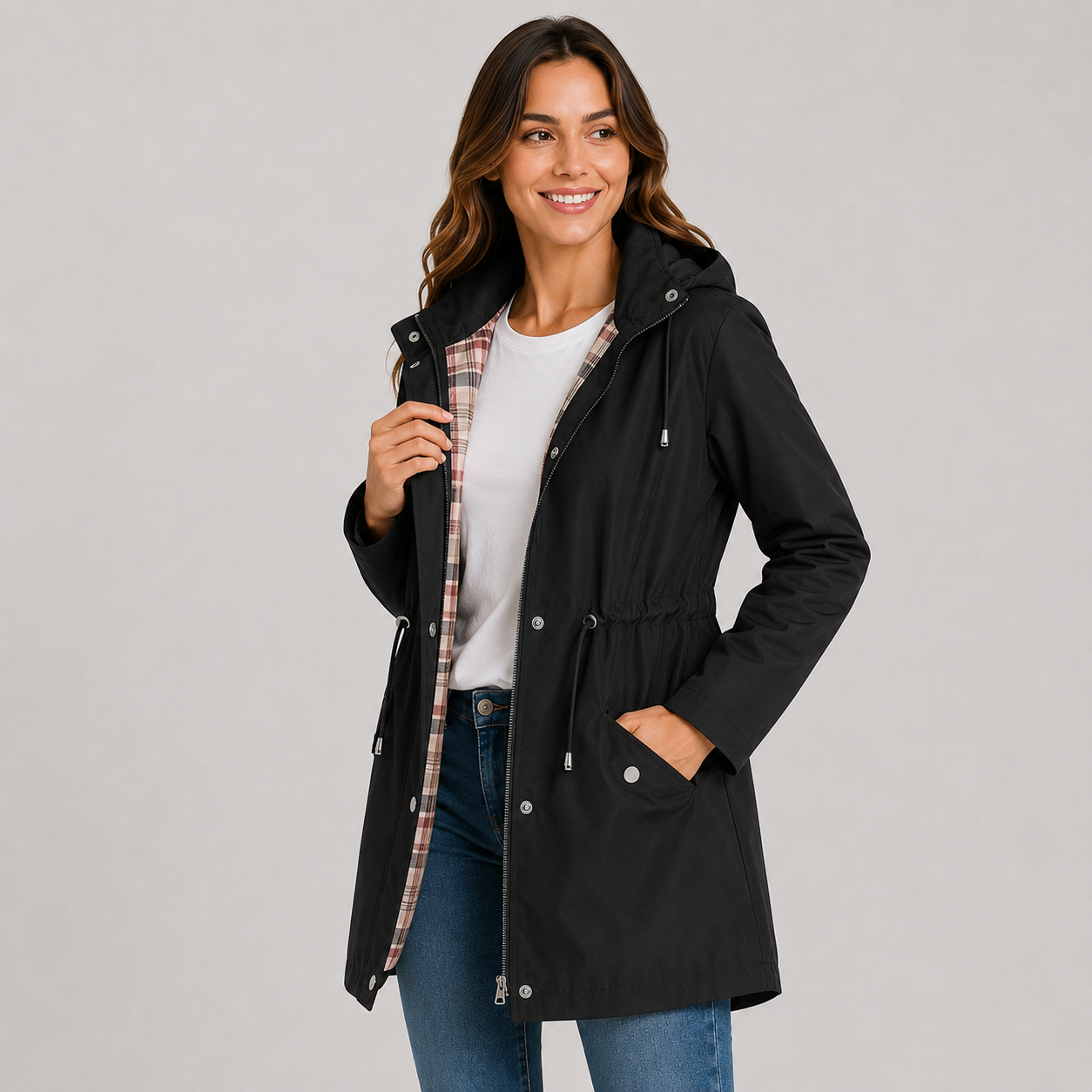 Plus Size Hooded Jacket | Women's Lightweight Cinched Waist Coat | Women's Pink Red Black Dark Grey Blue Navy