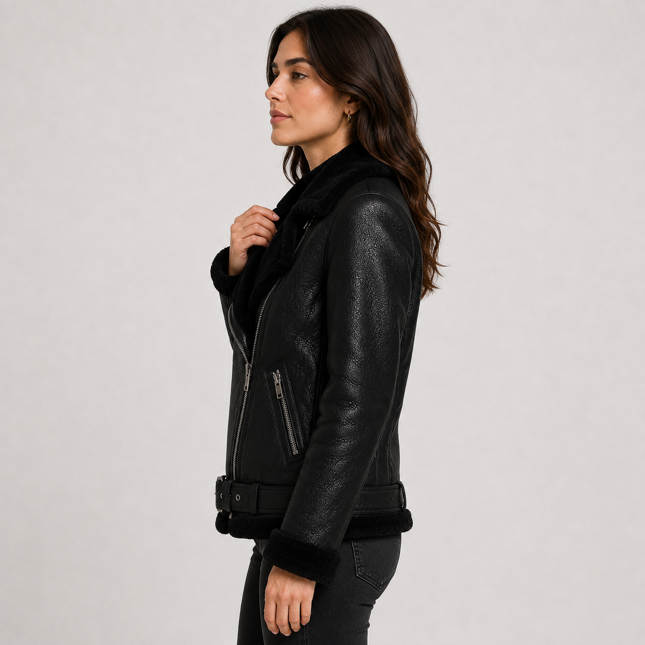 Women's Longline Faux Leather Jacket – Fleece Lined Belted Winter Coat | Black | S–XL