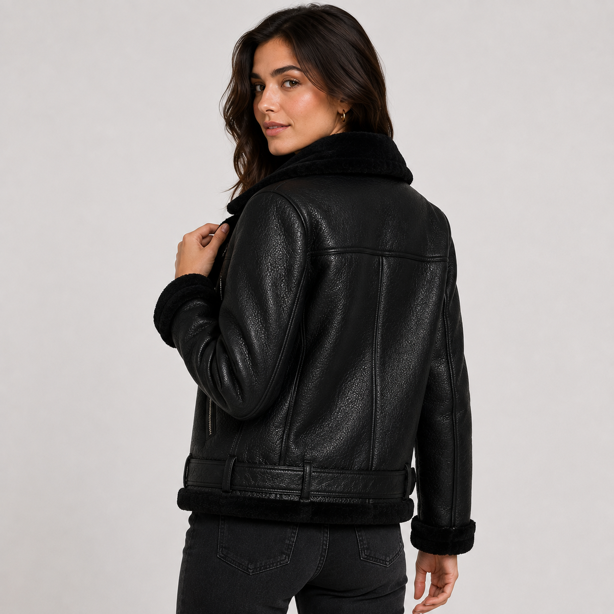 Women's Longline Faux Leather Jacket – Fleece Lined Belted Winter Coat | Black | S–XL
