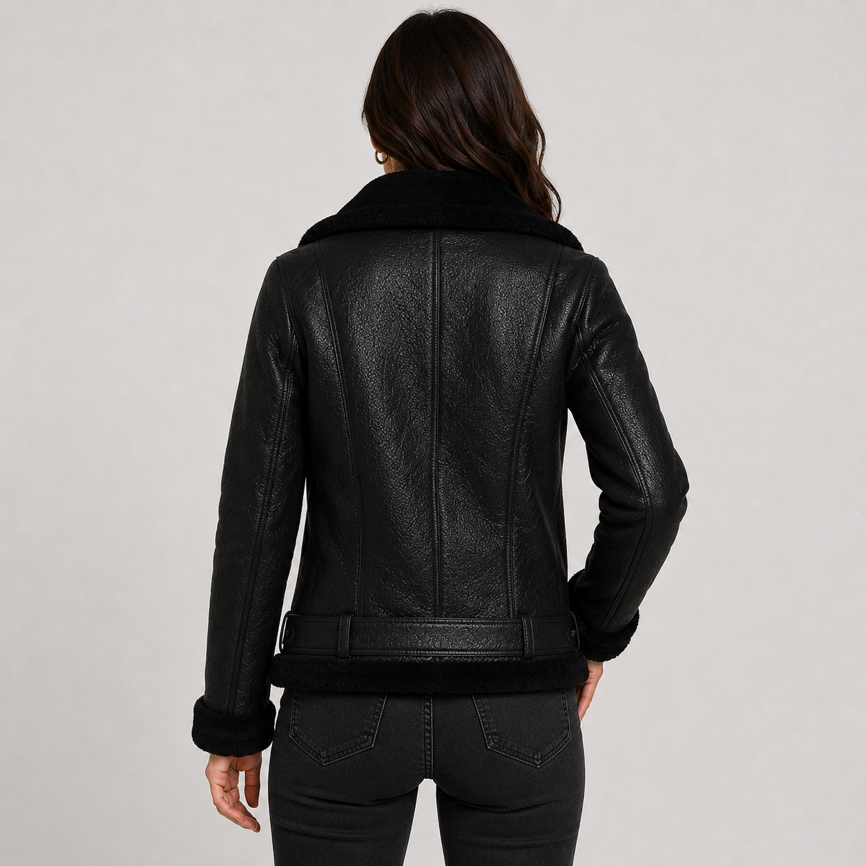 Women's Longline Faux Leather Jacket – Fleece Lined Belted Winter Coat | Black | S–XL
