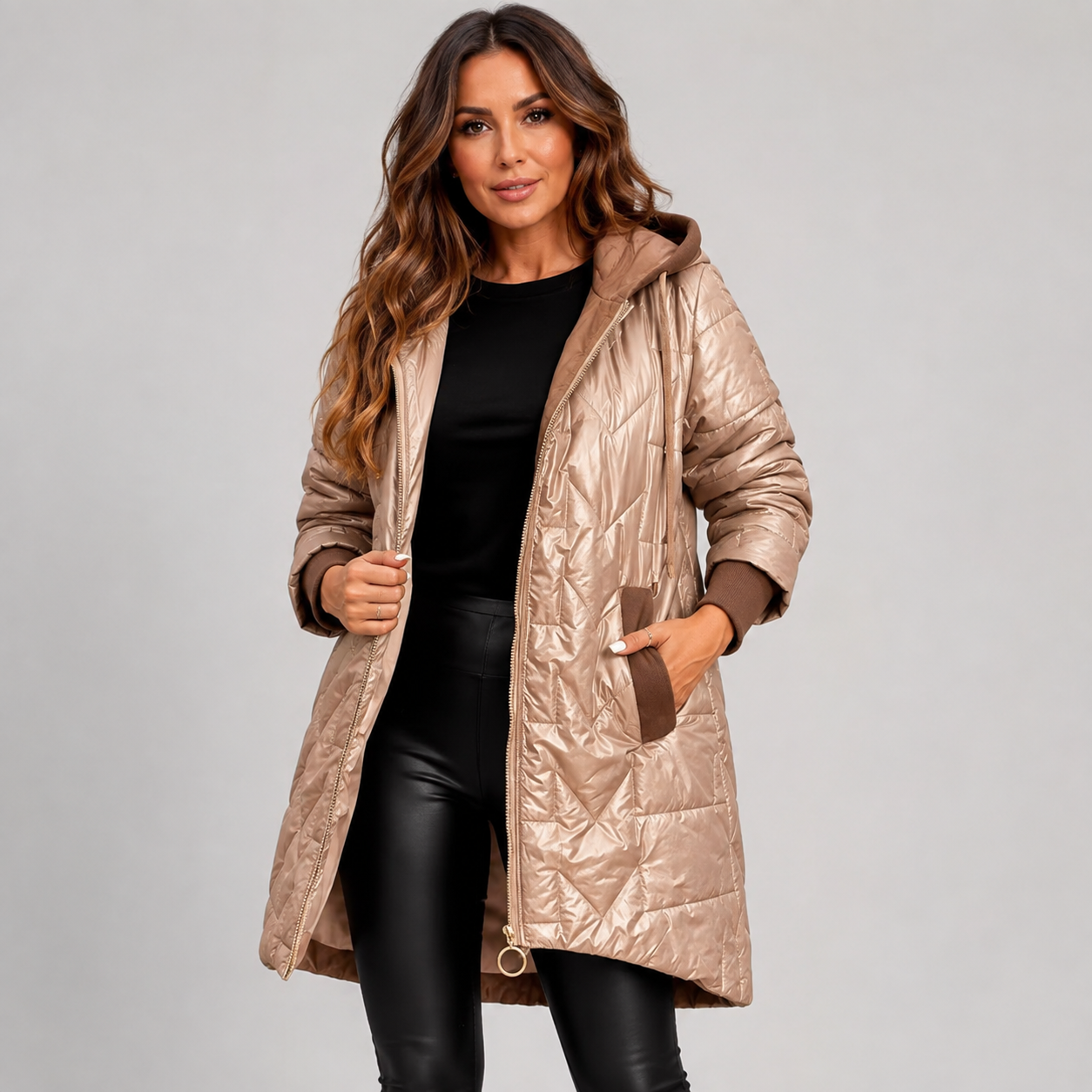 Women's Midi Puffer Coat – Warm Hooded Winter Jacket with Pockets | Brown White Black | S–2XL