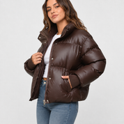 Women's Loose Fit Puffer Jacket – Warm Winter Coat with Pockets | Reddish Brown | S–2XL