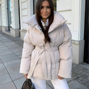 Women's Belted Oversized Puffer Jacket – Quilted Shell High Stand Collar Winter Coat | Cream Brown Black | S–2XL