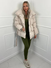 Women's Belted Oversized Puffer Jacket – Quilted Shell High Stand Collar Winter Coat | Cream Brown Black | S–2XL