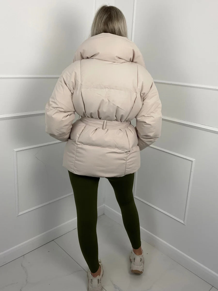 Women's Belted Oversized Puffer Jacket – Quilted Shell High Stand Collar Winter Coat | Cream Brown Black | S–2XL