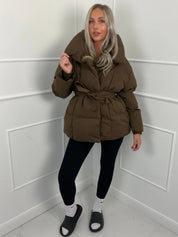 Women's Belted Oversized Puffer Jacket – Quilted Shell High Stand Collar Winter Coat | Cream Brown Black | S–2XL