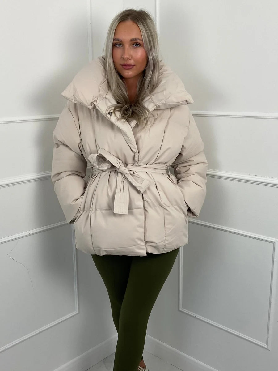 Women's Belted Oversized Puffer Jacket – Quilted Shell High Stand Collar Winter Coat | Cream Brown Black | S–2XL