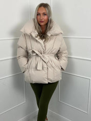 Women's Belted Oversized Puffer Jacket – Quilted Shell High Stand Collar Winter Coat | Cream Brown Black | S–2XL
