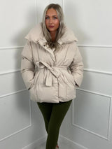 Women's Belted Oversized Puffer Jacket – Quilted Shell High Stand Collar Winter Coat | Cream Brown Black | S–2XL
