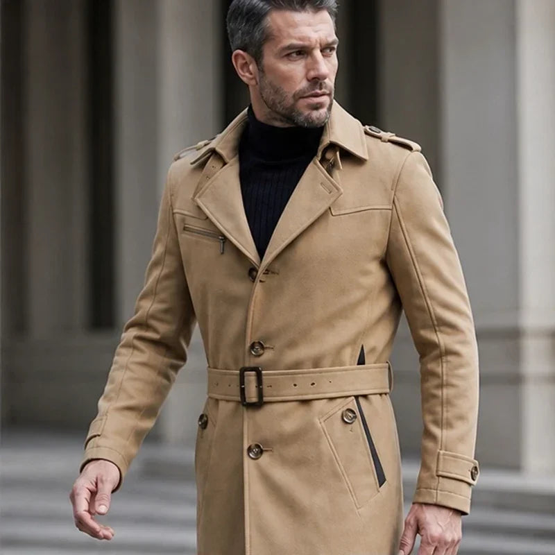 Men's Classic Trench Coat Belted Waist Cotton Blend Notch Lapel Smart Casual Overcoat
