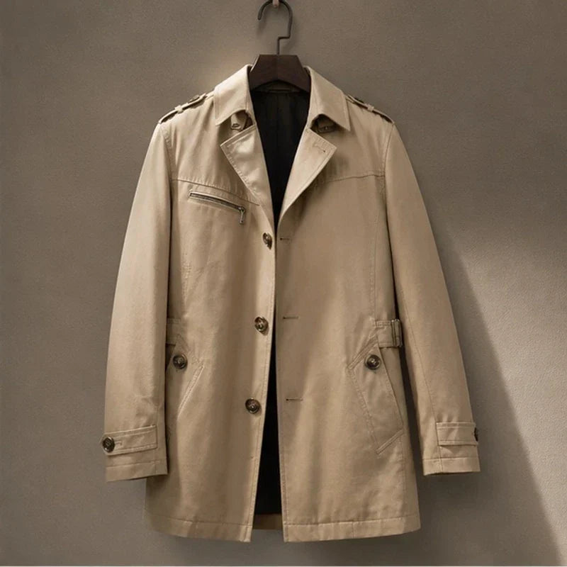 Men's Classic Trench Coat Belted Waist Cotton Blend Notch Lapel Smart Casual Overcoat