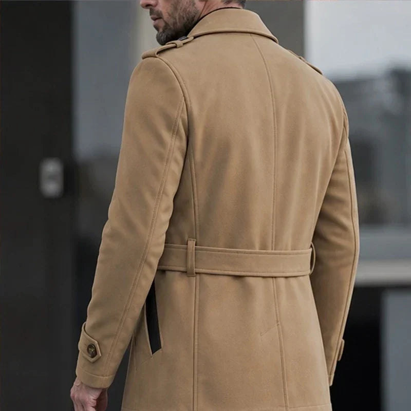 Men's Classic Trench Coat Belted Waist Cotton Blend Notch Lapel Smart Casual Overcoat