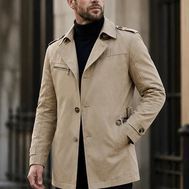 Men's Classic Trench Coat Belted Waist Cotton Blend Notch Lapel Smart Casual Overcoat