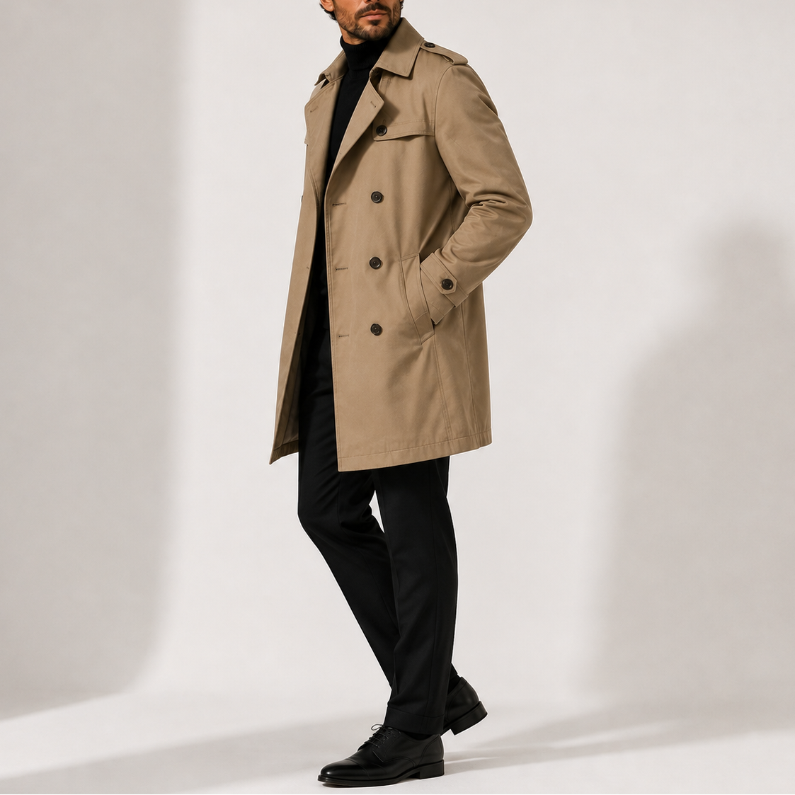 Men's Classic Trench Coat Mid-Length Double-Breasted Epaulettes Smart Casual