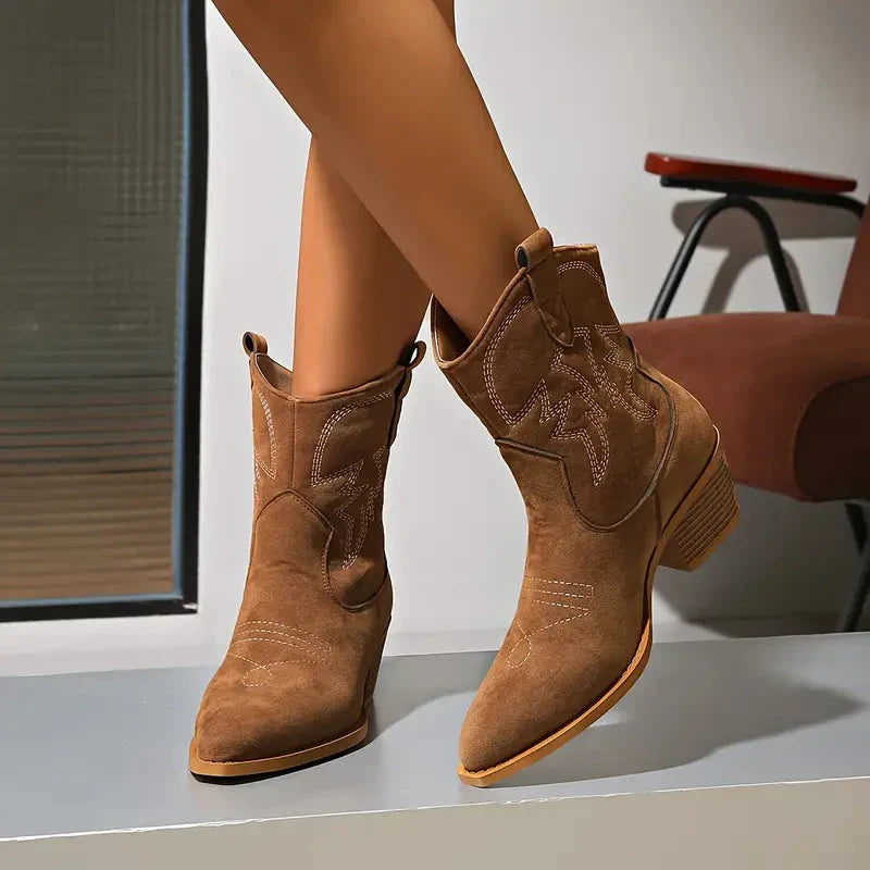 Women's Cowboy Ankle Boots – Pointed Toe Western Stitching Block Heel | Brown | UK 2–10