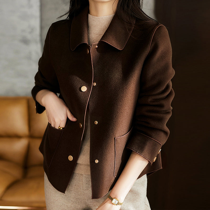 Women's Wool Blend Short Coat – Piped Trim Button-Front Structured Outerwear | Beige Brown Black | XS–3XL