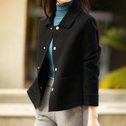 Women's Wool Blend Short Coat – Piped Trim Button-Front Structured Outerwear | Beige Brown Black | XS–3XL