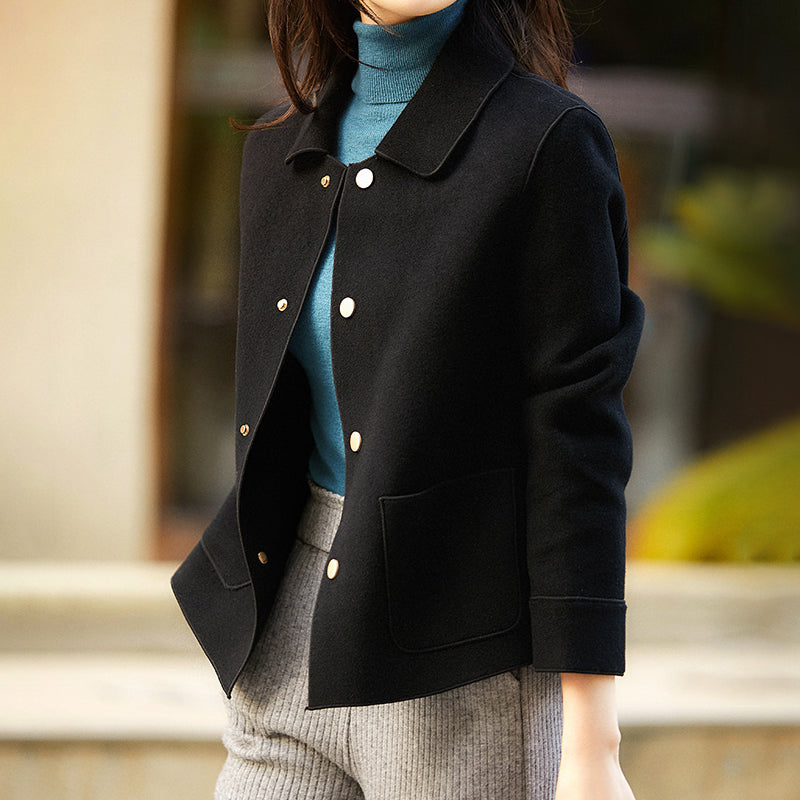 Women's Wool Blend Short Coat – Piped Trim Button-Front Structured Outerwear | Beige Brown Black | XS–3XL