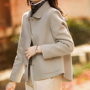 Women's Wool Blend Short Coat – Piped Trim Button-Front Structured Outerwear | Beige Brown Black | XS–3XL
