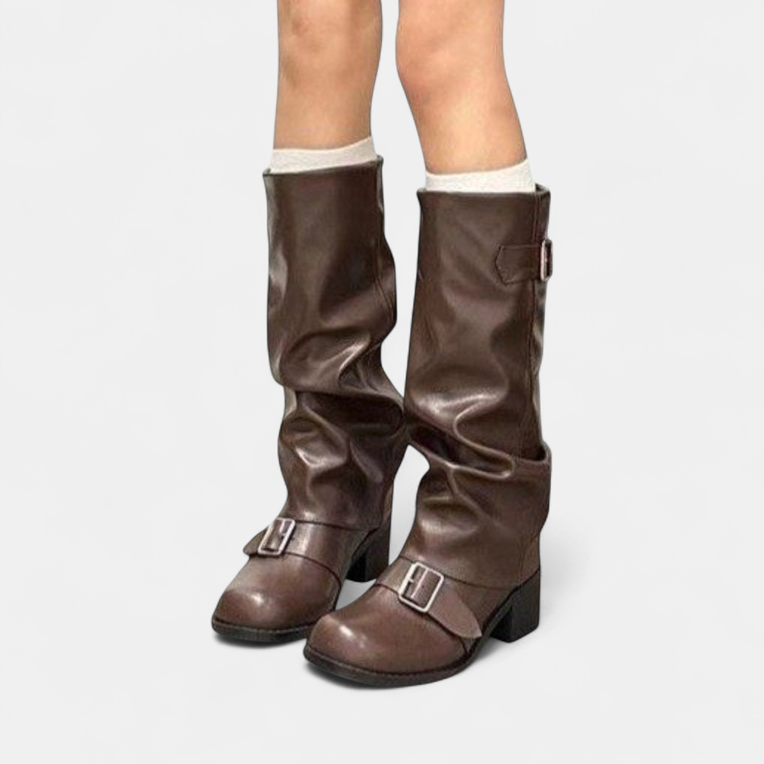 Women's Slouch Mid-Calf Boots – Vegan Leather Round Toe Block Heel Double Buckle | Black Brown | UK 2–7