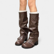 Women's Slouch Mid-Calf Boots – Vegan Leather Round Toe Block Heel Double Buckle | Black Brown | UK 2–7