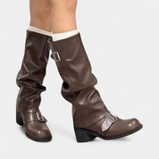 Women's Slouch Mid-Calf Boots – Vegan Leather Round Toe Block Heel Double Buckle | Black Brown | UK 2–7