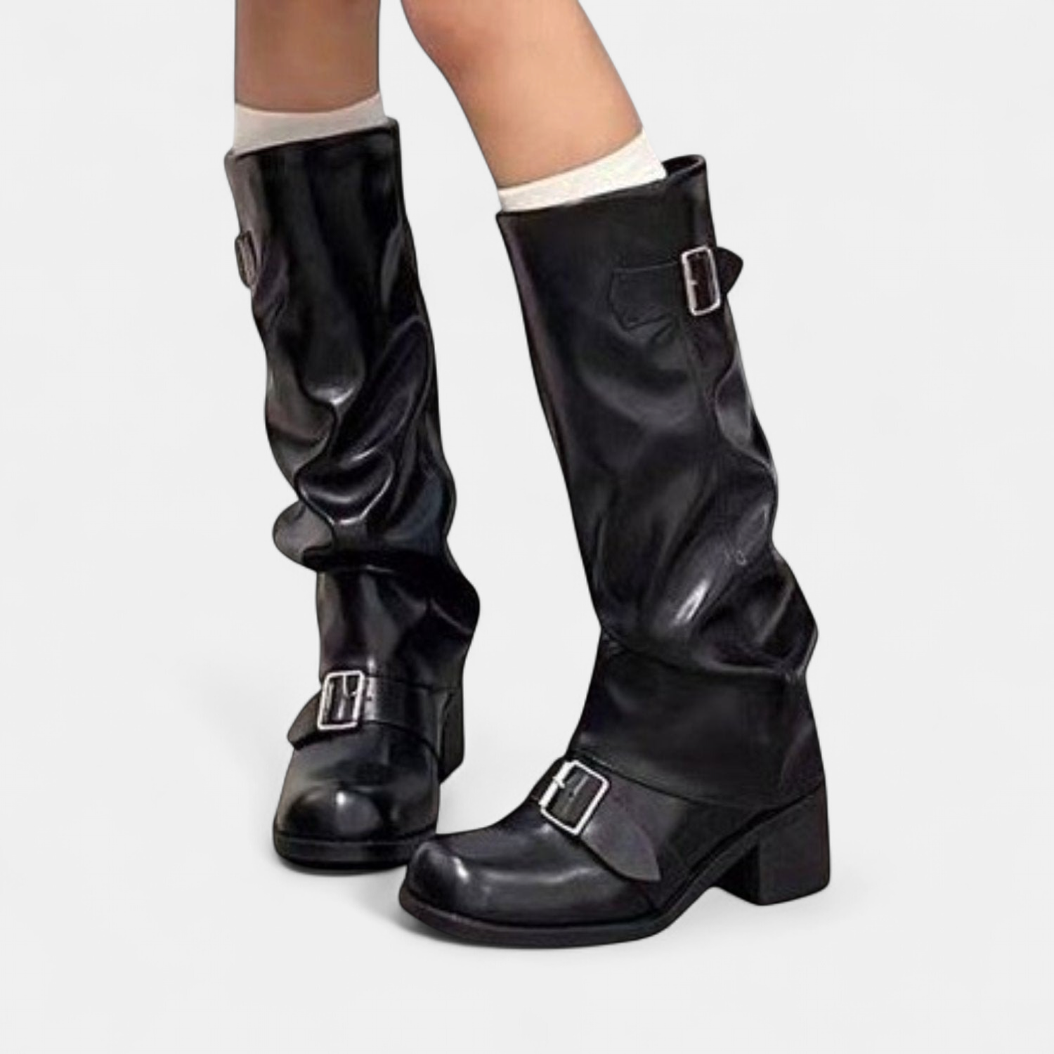 Women's Slouch Mid-Calf Boots – Vegan Leather Round Toe Block Heel Double Buckle | Black Brown | UK 2–7
