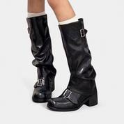 Women's Slouch Mid-Calf Boots – Vegan Leather Round Toe Block Heel Double Buckle | Black Brown | UK 2–7