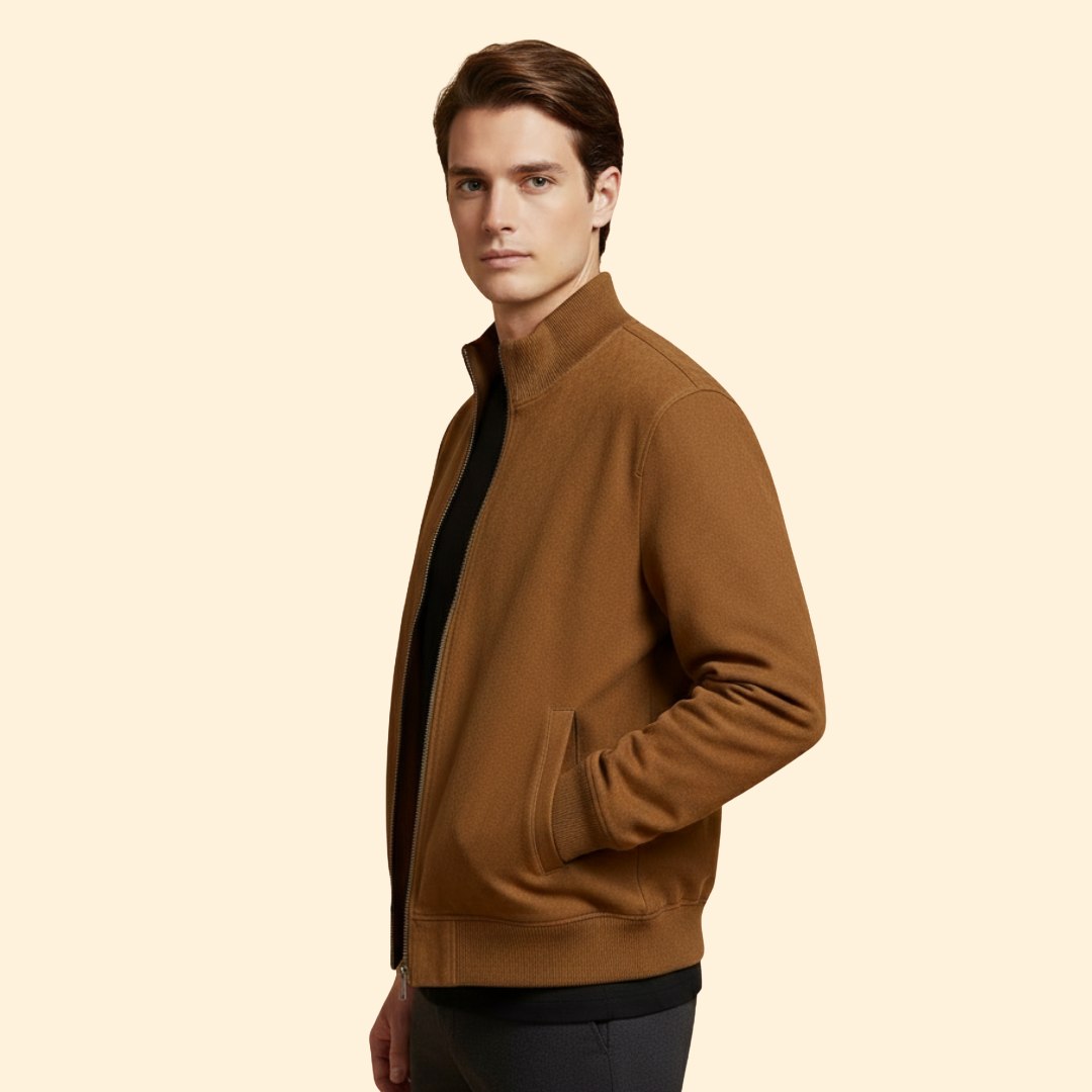 Men's Knit Collar Bomber Jacket – Brushed Rib Cuff Side Pocket Regular Fit Outerwear | Brown Black | S–3XL