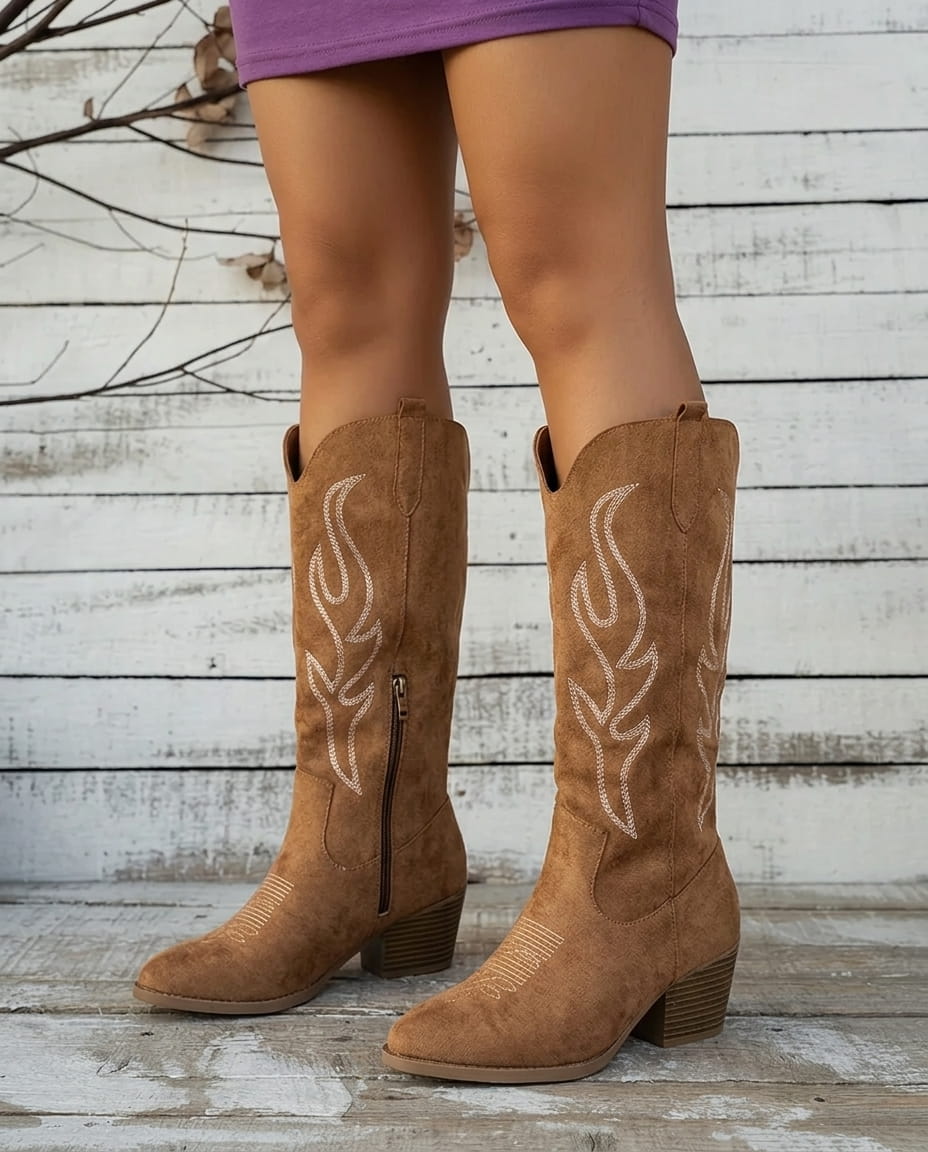 Flame-Stitch-Cowboy-Boots-Knee-High-Shaft-Side-Zip-Stacked-Block-Heel-Lainey-image.jpg