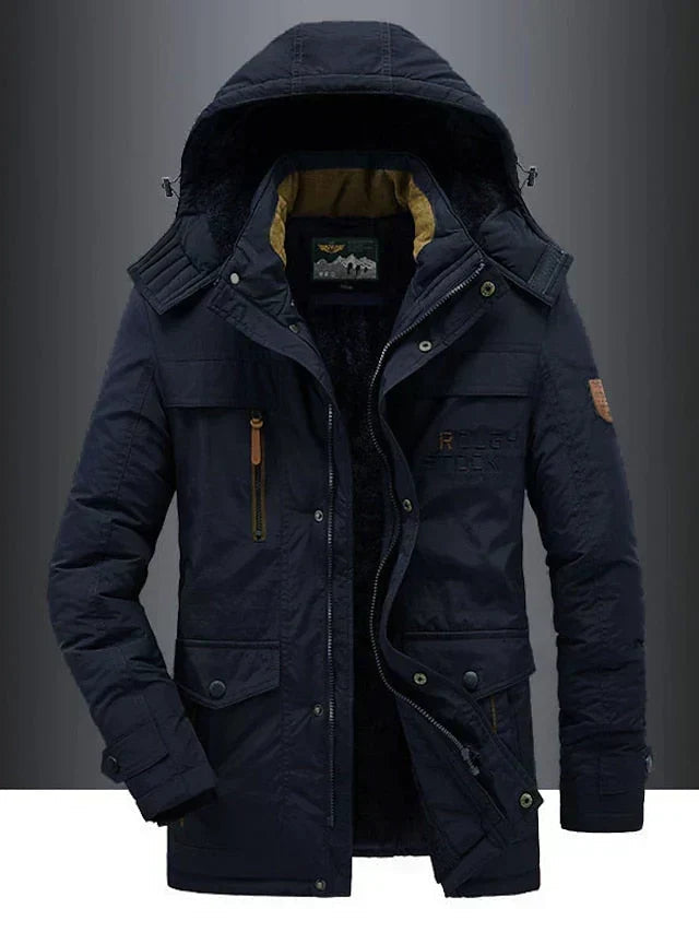 Men's Fleece-Lined Hooded Parka | Padded Shell Flap Pockets Snap Placket Winter Coat