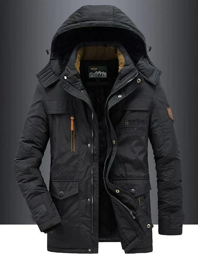 Men's Fleece-Lined Hooded Parka | Padded Shell Flap Pockets Snap Placket Winter Coat