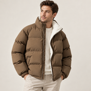 Men's Fleece-Lined Puffer Jacket | Cotton-Blend Shell High Collar Winter Coat | Brown Black White | Rasmus